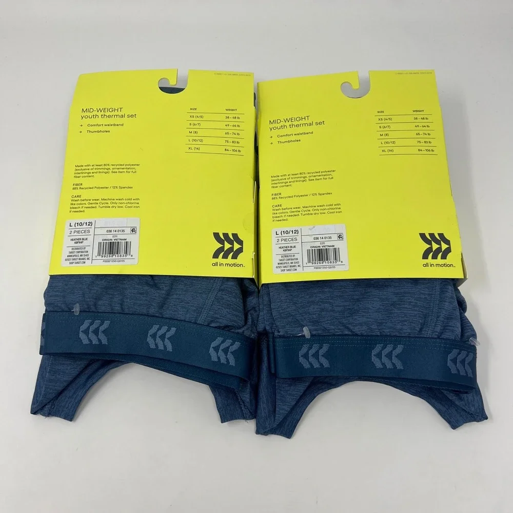 LOT of 2 All In Motion Mid-Weight Thermal Set Youth L 10/12 Blue Thumbholes NWT